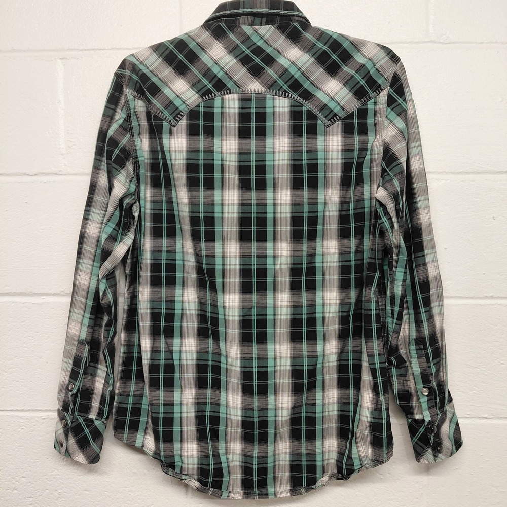 Rock & Roll Cowboy Shirt Men L Green Plaid Pearl Snap Thick Stitch Western Rodeo - Picture 8 of 16